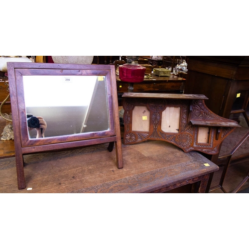 298 - NEAT EDWARDIAN INLAID TOILET MIRROR 37 X 41 CM + UNUSUAL CARVED WALL HANGING PHOTO FRAME WITH SHELF ... 