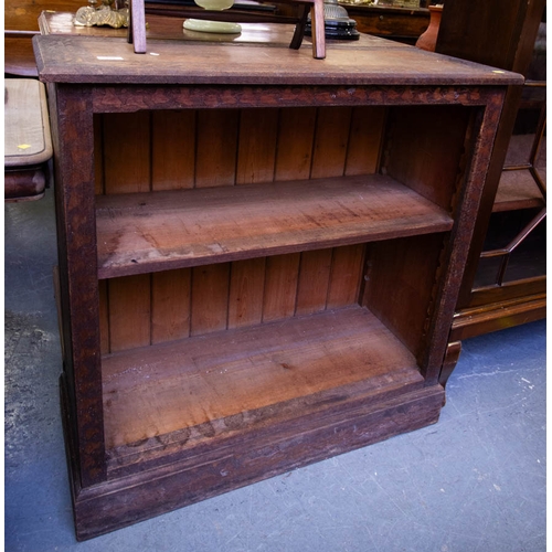 299 - PROFUSELY CARVED POKERWORK OPEN BOOKCASE WITH INTERESTING CORK DETAIL 91W X 36D X 92H CM