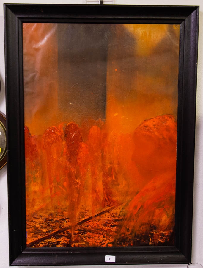 BARRY FITZPATRICK ABSTRACT OIL ON BOARD . 92 X 67CM