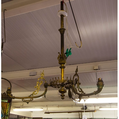 522 - ANTIQUE 3 BRANCH BRASS CEILING LIGHT 70W X 80H CM