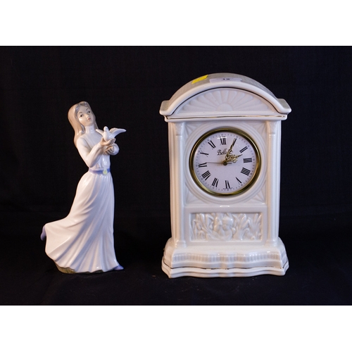 12 - COLLECTION OF AYNSLEY AND BELLEEK CHINA - BOXED, CLOCK AND PORCELAIN FIGURE 9 pieces