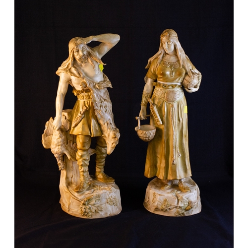 13 - PAIR OF ERNST WAHLISS ROYAL VIENNA FIGURES OF HUNTER AND HUNTRESS 40H CM WITH REGISTRATION NOS ON BA... 