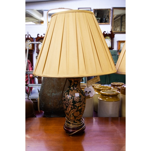 15 - PAIR OF GREEN  / GOLD PORCELAIN LAMPS AND SHADES 60 CM HIGH