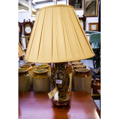 15 - PAIR OF GREEN  / GOLD PORCELAIN LAMPS AND SHADES 60 CM HIGH