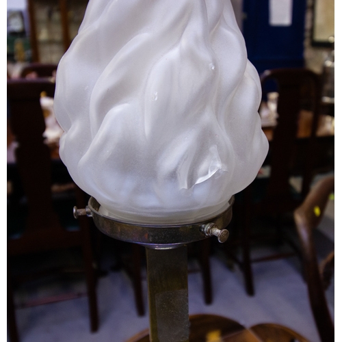 48 - PAIR OF BRASS TABLE LAMPS WITH GLASS SHADES - 1 SHADE AF + BRASS LAMP