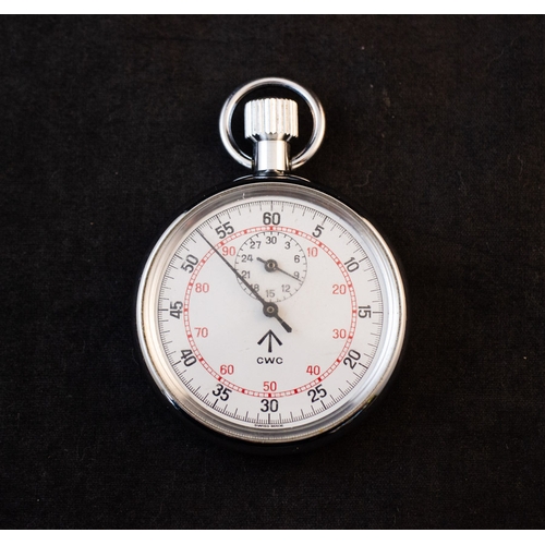 243 - SWISS CHROME MILITARY TIMER, CWC, 7 JEWEL, CROW’S FOOT ON DIAL