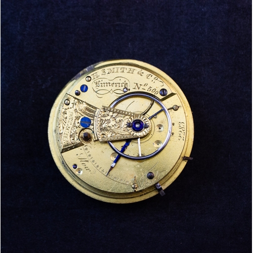 244 - EARLY FUSEE POCKET WATCH MOVEMENT, ‘DETACHED’ LEVER, SIGNED ‘H. SMITH & CO., LIMERICK, NO. 500’