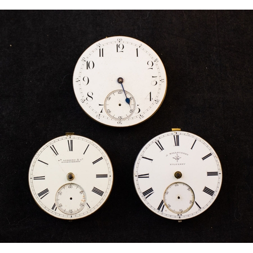 245 - THREE POCKET WATCH MOVEMENTS, SIGNED ‘WILLIAM WATERS, 2 UPPER GEORGE STREET, KINGSTOWN’; ‘J. WILLOUG... 