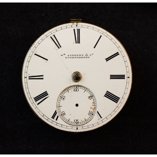 245 - THREE POCKET WATCH MOVEMENTS, SIGNED ‘WILLIAM WATERS, 2 UPPER GEORGE STREET, KINGSTOWN’; ‘J. WILLOUG... 