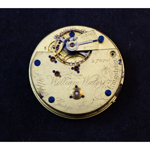 245 - THREE POCKET WATCH MOVEMENTS, SIGNED ‘WILLIAM WATERS, 2 UPPER GEORGE STREET, KINGSTOWN’; ‘J. WILLOUG... 
