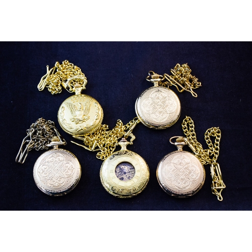257 - FIVE UNUSED MODERN GILT POCKET WATCHES WITH CHAINS