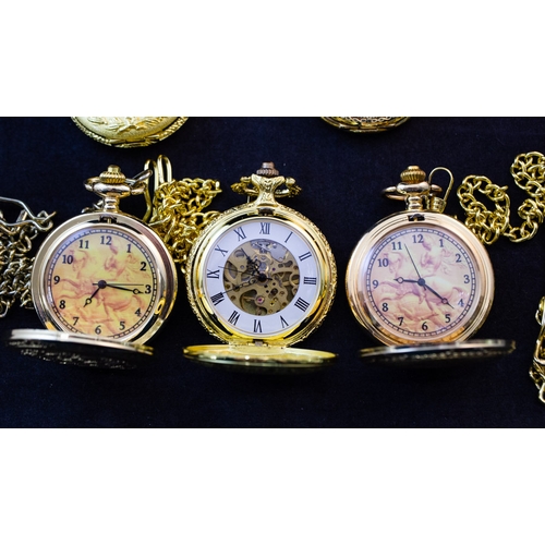257 - FIVE UNUSED MODERN GILT POCKET WATCHES WITH CHAINS