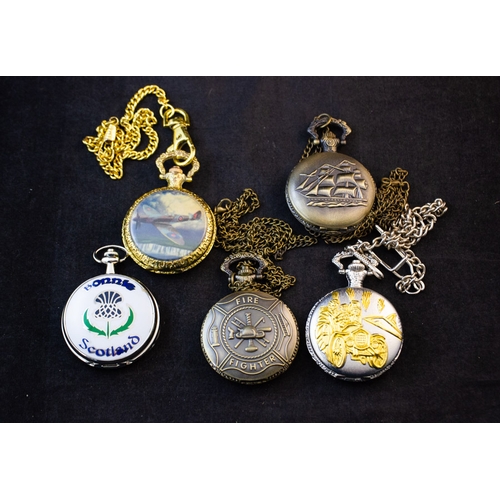 258 - FIVE ASSORTED MODERN POCKET WATCHES, SOME WITH CHAINS