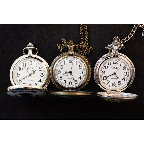 258 - FIVE ASSORTED MODERN POCKET WATCHES, SOME WITH CHAINS