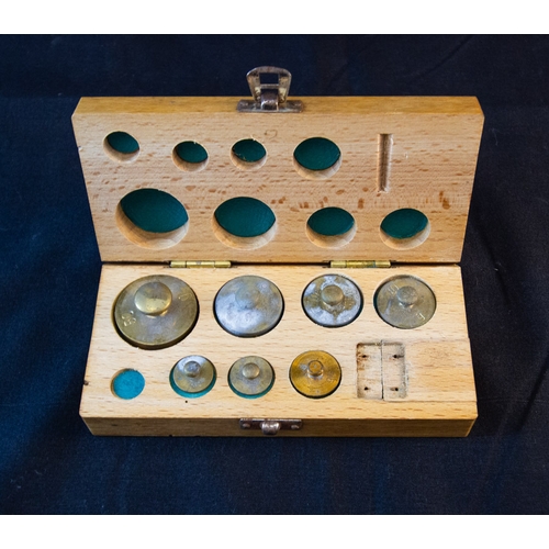 267 - BOX OF BRASS WEIGHTS - 1 MISSING