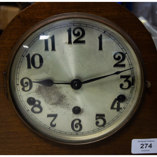 274 - MAHOGANY CASE MANTLE CLOCK 45W X 25H CM