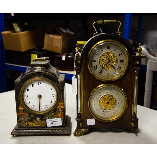 277 - CLOISONNE MANTLE CLOCK AF 15 X 20H CM + MAHOGANY MANTLE CLOCK/BAROMETER AF 17 X 27H CM