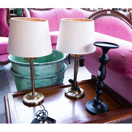 399 - PAIR OF MODERN BRASS LIGHTS + CANDLE HOLDER