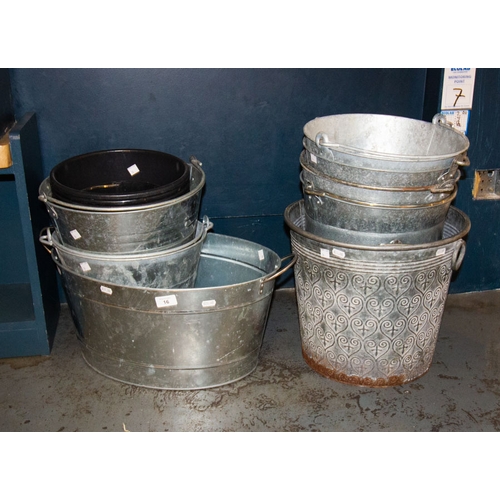 16 - COLLECTION OF ASSORTED GALVANISED DISPLAY BUCKETS + CONTAINERS