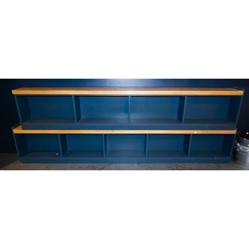 17 - 2 LOW SOLID TIMBER BENCHES WITH BOOKSHELVES UNDER 250 X 25 X 47H CM