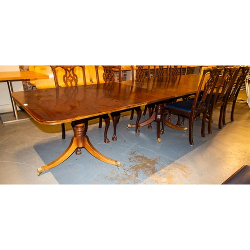 35 - MAHOGANY TRIPLE TRIPOD DINING TABLE WITH 3 LEAVES + PROTECTIVE LEATHER COVER 365L X 106D X 72H CM
