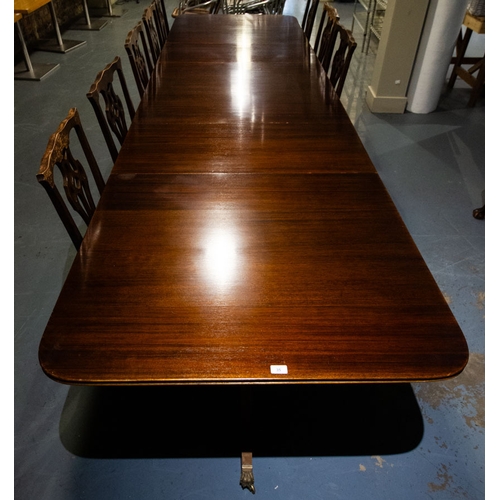 35 - MAHOGANY TRIPLE TRIPOD DINING TABLE WITH 3 LEAVES + PROTECTIVE LEATHER COVER 365L X 106D X 72H CM
