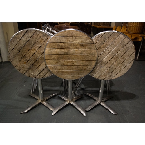 38 - 3 TIP UP TIMBER PATIO TABLES 60CM DIAM