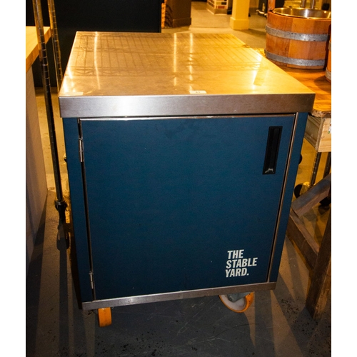 43 - STAINLESS STEEL SINGLE DOOR COUNTER CUPBOARD ON CASTORS (ICE CREAM CONE MACHINE STAND) 60 X 75 X 80H... 