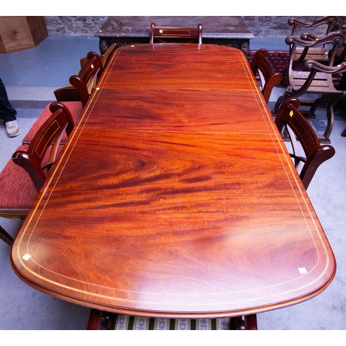 10 - INLAID MAHOGANY DOUBLE TRIPOD DINING TABLE + 4 + 2 DINING CHAIRS - 213L CM