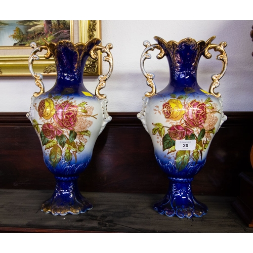 20 - VICTORIAN BLUE + FLORAL VASES 36H CM