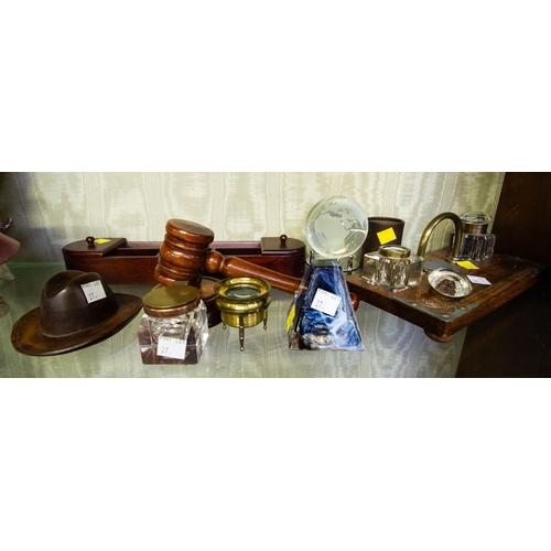 27 - DALVEY GLOBE DESK ORNAMENT, 2 DESK SETS, INKWELLS, MAGNIFIER, GAVEL, ETC