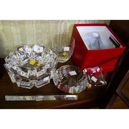 29 - BACCARAT RULER, 2 TUMBLERS + DISH + 2 VINTAGE ASHTRAYS SIGNED SWEDEN CORONA CRYSTAL CANDY DISH 19 + ... 