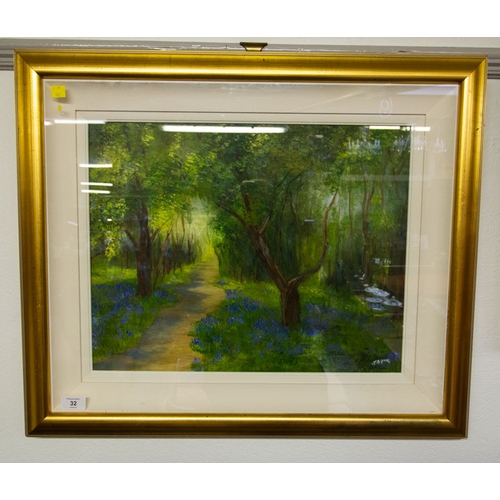 32 - OIL ON CANVAS BLUEBELL WOODS BY JUDY GLYNN 70 X 59H CM