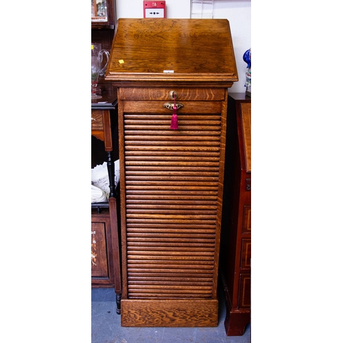 4 - QUALITY OAK TAMBOUR FRONT MUSIC CABINET WITH READING SLOPE 50W X 45D X 118+7H CM