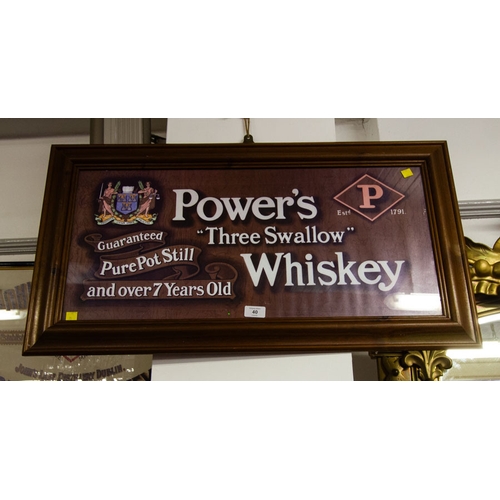 40 - POWERS WHISKEY PRINT IN PINE FRAME 82 X 45H CM