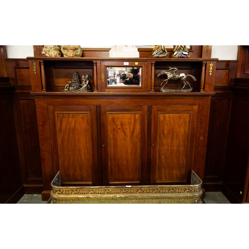 43 - UNUSUAL ANTIQUE MAHOGANY 3 DOOR SIDE CABINET WITH PEDESTAL SIDES + MIRROR BACK 287W X 40D X 270H CM
