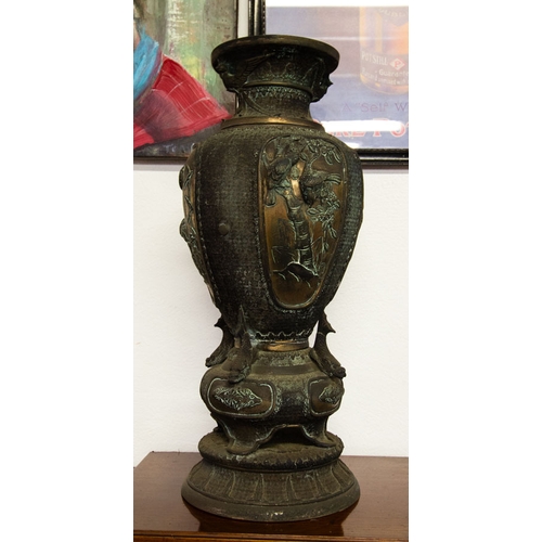 44 - PAIR OF BRASS VASES DEPICTING BIRDS 50H CM