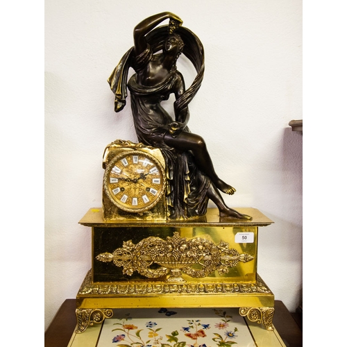 50 - SUPER BRASS FRENCH FIGURAL MANTLE CLOCK. 40 X 62 CM HIGH