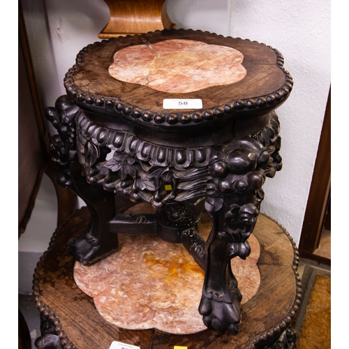 58 - NEAT CARVED HARDWOOD PLANT STAND/TABLE WITH MARBLE INSET AF 32H CM