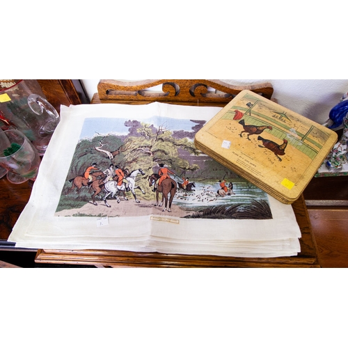 7 - HUNTING JUG + 5 GLASSES + LOT OF HUNTING TABLE MATS + LINENS