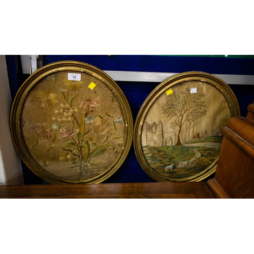 16 - 2 ANTIQUE OVAL EMBROIDERIES IN GILT FRAMES 40 X 49H CM