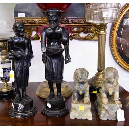 18 - 2 SOAPSTONE CHINESE FOODOG LION STATUES 18CM H + 2 CARVED INDIAN FIGURES - AF 38 CM HIGH