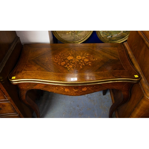 2 - FRENCH BRASS MOUNTED INLAID ROSEWOOD FOLD OVER CARD TABLE 86 X 43 X 76H CM