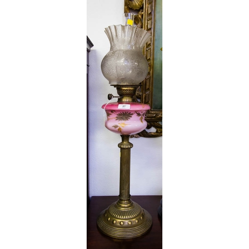 27 - VICTORIAN REEDED BRASS LAMP WITH PINK BOWL & SHADE.