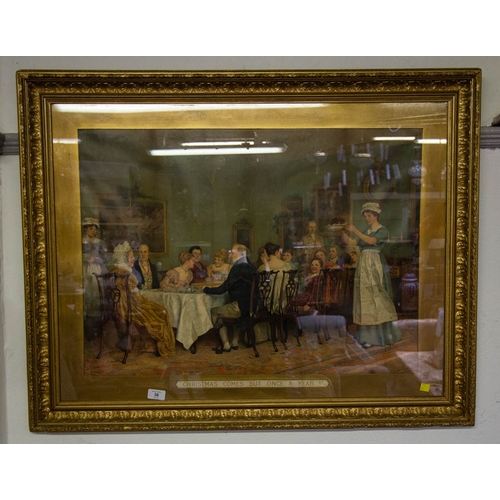 36 - CHRISTMAS COMES ONCE A YEAR COLOURED VICTORIAN PRINT IN ANTIQUE GILT FRAME 98W x 77H CM