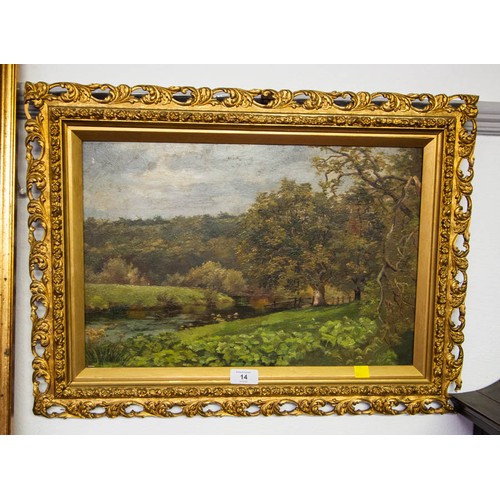 14 - OIL ON CANVAS IN GILT FRAME OF RIVER SCENE AF 58W x 44H CM
