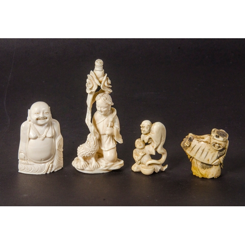 261 - Various studies, including a stag horn netsuke, carved ivory study's Buddha etc.
 10cm.