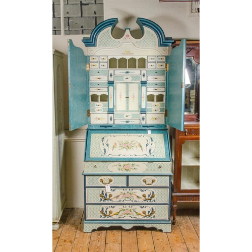 439 - Maitland Smith, an interior designed Queen Anne style bureau book case, decorated in blue and cream,... 