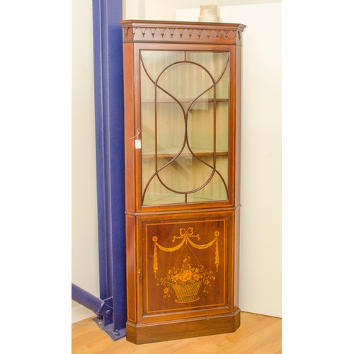 469 - Edwardian Satin Wood inlaid Corner Cupboard with Glazed top and inlaid Base, 72 x 27.5 inches.