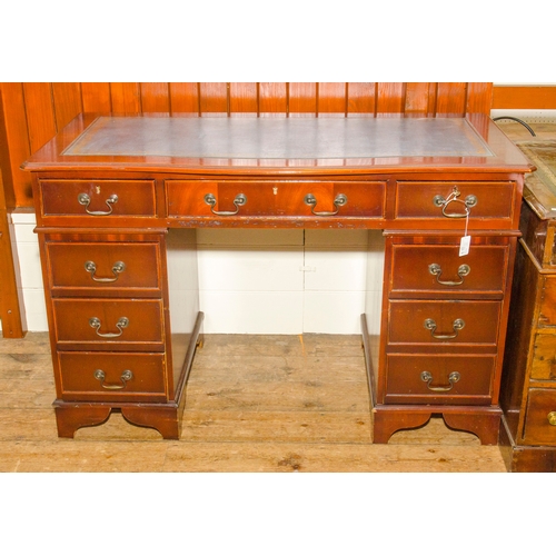 470 - Reproduction mahogany desk 42.5 x 62.5 inches, with a print of stables in frame 23 x 31 inches.